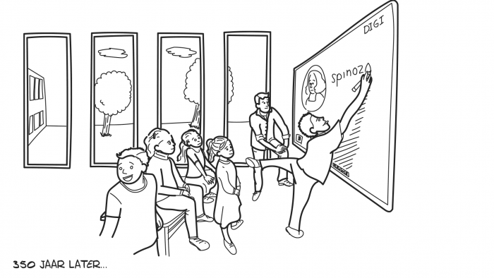 Whiteboard animatie over filosoof Spinoza clipphanger klas leerlingen van een basisschool