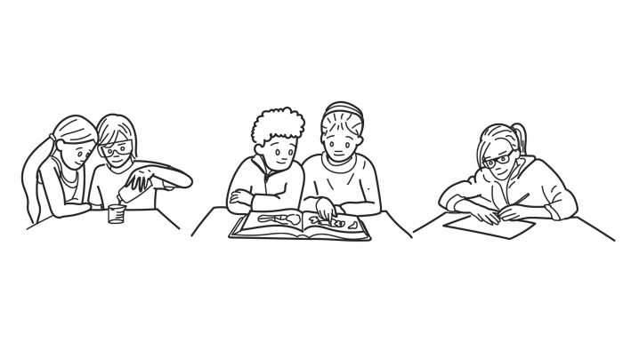 Voorbeeld illustratie als onderdeel van een whiteboardanimatie over een basischool met leerlingen